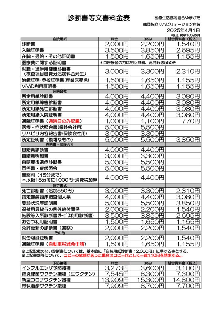 2025.4保険外料金表（書類・予防接種）のサムネイル